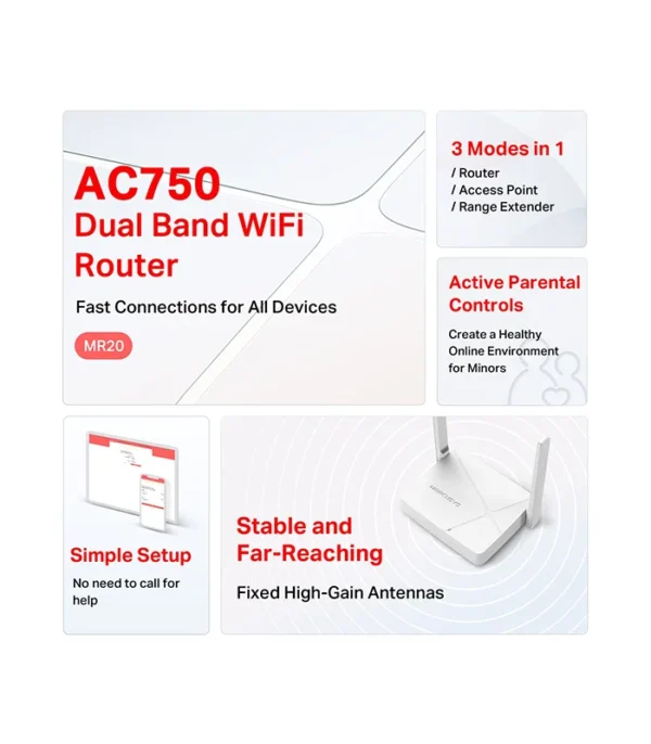 MERCUSYS MR20 AC750 Dual-Band Wi-Fi 5 Router – Fast & Reliable Home Networking